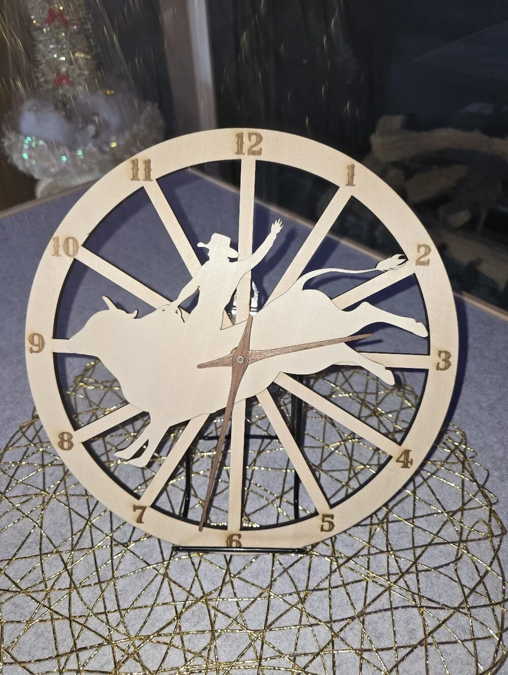 Lasered 10 Inch Wooden Rodeo Bull Rider Wall Clock - Natural Finish